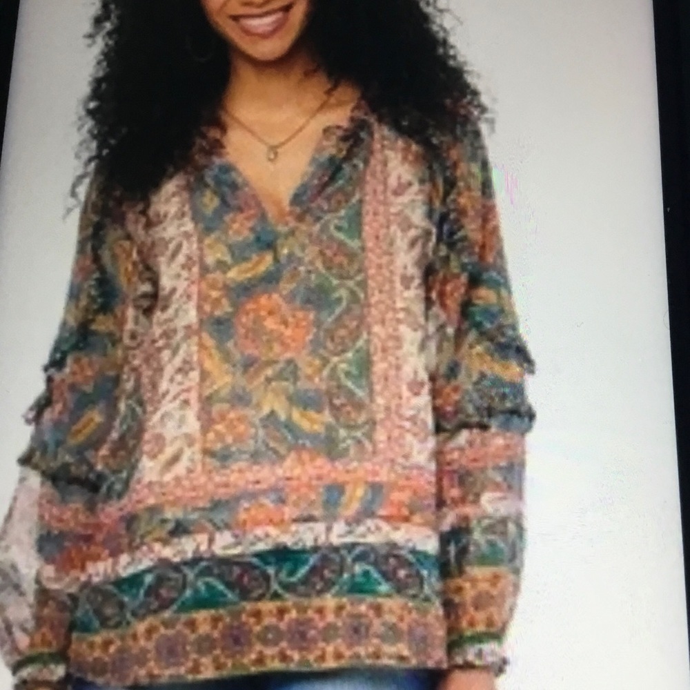 DEMOCRACY RUFFLE FLORAL LONG SLEEVES BOHO CHI BLOUSE SIZE LARGE